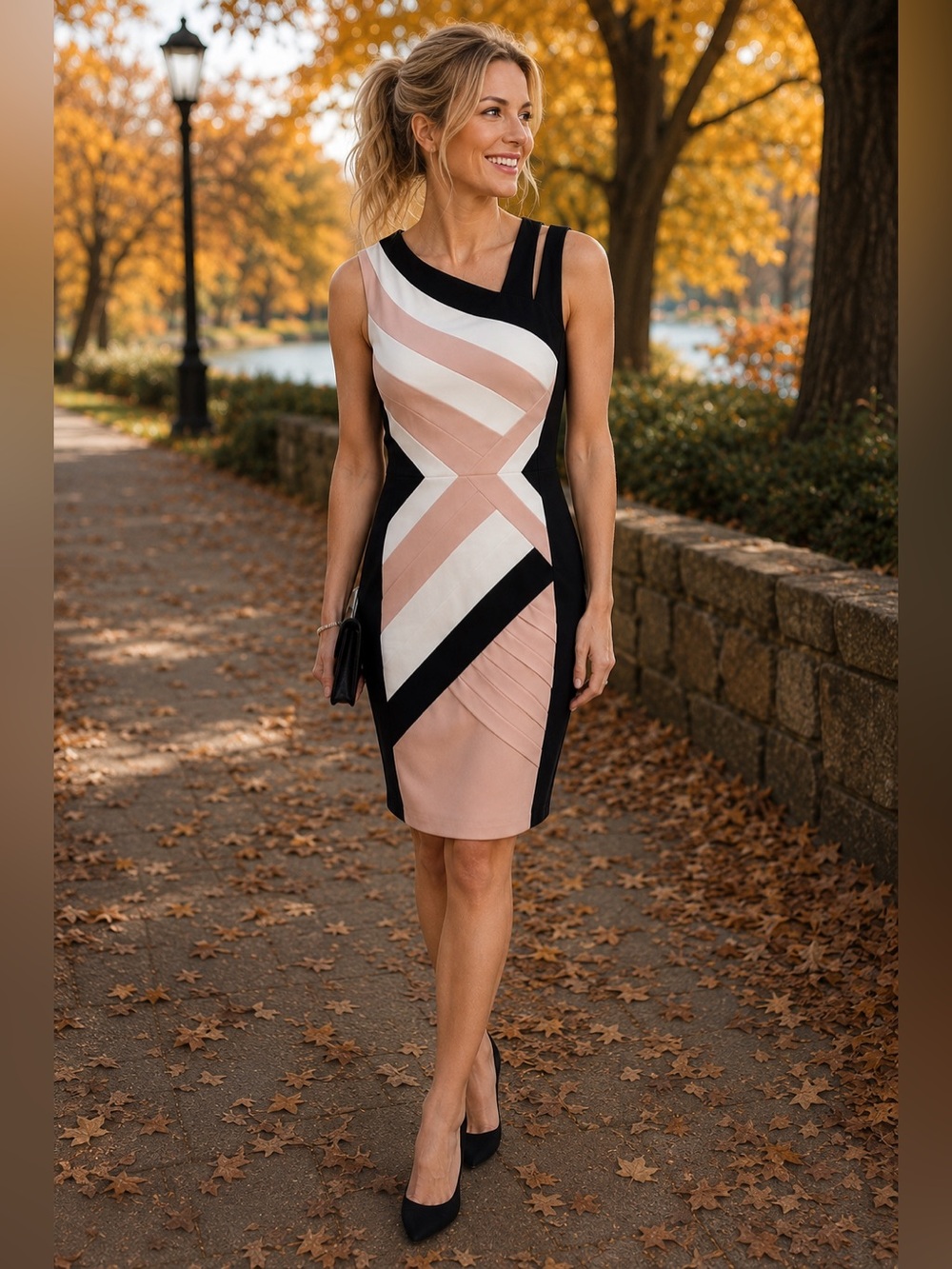 NWT JAX Colorblock Sheath Dress Size 8 Blush Pink Black Ivory Lined Career Fall